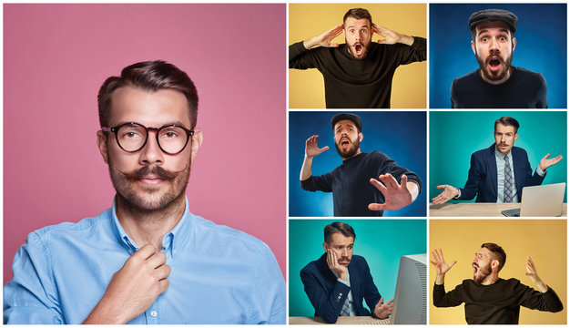 Collage from images of a young man expressing different emotions