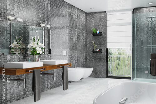Modernes Badezimmer In Weiß Und Schwarz Mit Dusche, Badewanne, WC, Bidet  Und Zwei Waschbecken Mit Einem Großen Spiegel Poster-marog-pixcells