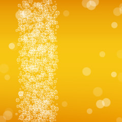 Beer background with realistic bubbles. Cool beverage for restaurant menu design, banners and flyers. Yellow square beer background with white frothy foam. Fresh cup of lager for brewery design.