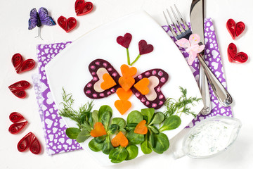 Decoration of food: vegetable salad for Valentines Day
