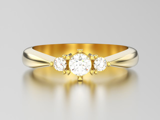 3D illustration yellow gold three stone diamond ring