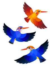 Stylized Birds - Madagascan Pygmy Kingfisher, African Pygmy Kingfisher and African Dwarf Kingfisher in flight