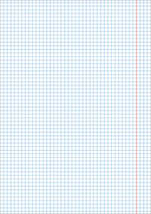 A4 sheet vertical cage 5 mm millimeter pattern of school notebook. Blue grid Page template. Background sheet in squares. Grid size 5mm. Texture for checkered A4 notebook, With a red line. AI10