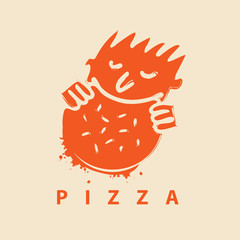 Vector banner or logo for pizza restaurant with the little man who eats pizza and inscription Pizza