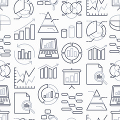 Analytics seamless pattern with thin line icons: diagram, chart, statistics, pyramid, business analysis. Modern vector illustration.