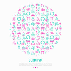 Buddhism concept in circle with thin line icons: yoga, meditation, Buddha, Yin-Yang, candles, Aum letter, aromatherapy, pagoda, temple. Modern vector illustration for web page template.