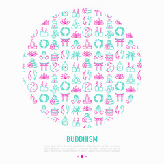 Buddhism concept in circle with thin line icons: yoga, meditation, Buddha, Yin-Yang, candles, Aum letter, aromatherapy, pagoda, temple. Modern vector illustration for web page template.