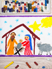 Photo of colorful drawing: Nativity scene. Christmas time