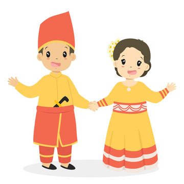 Happy boy and girl wearing Southeast Sulawesi  traditional dress and holding hands. Indonesian children, Southeast Sulawesi traditional dress cartoon vector