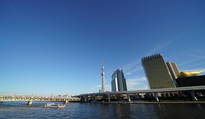Fototapeta na wymiar 日本の東京都市景観「澄み切った青空や墨田区吾妻橋などの街並みを望む」（奥には押上の東京スカイツリーが見える）