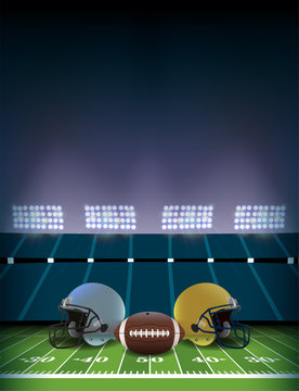 American Football Field Stadium with Helmets and Ball Illustration