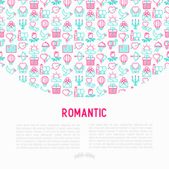 Romantic concept with thin line icons, related to dating, honeymoon, Valentine's day. Modern vector illustration, web page template.