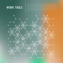Work tools concept in honeycombs with thin line icons: puncher, drill, wrench, plane, toolbox, wheelbarrow, saw, pliers, sawing machine. Modern vector illustration, web page template.
