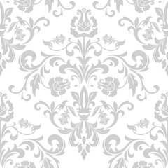  Wallpaper in the style of Baroque. A seamless vector background. Gray and white texture. Floral ornament. Graphic vector pattern