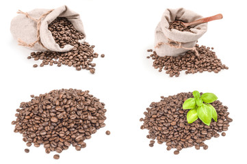 Collage of pile of roasted coffee beans on a white background clipping path