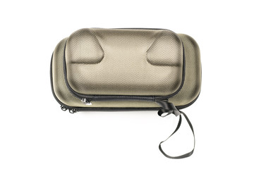 Naklejka premium Top view of two closed metallic khaki carrying cases for drone body and remote control on white background