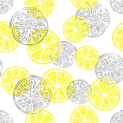 Behang Aquarel fruit Naadloze citroen patroon. Vector achtergrond met aquarel en doodle citroen segmenten.