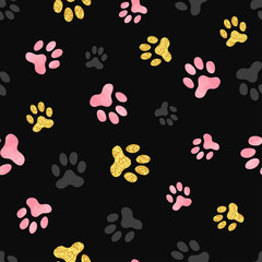 Dog paw print seamless pattern in pink, black and golden colors. Vector illustration.