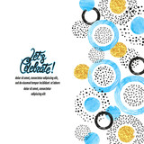 Celebration background with blue, golden and black circles. Vector border template with place for text.