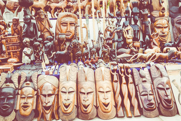 African masks, Morocco. Gift shop in Agadir.