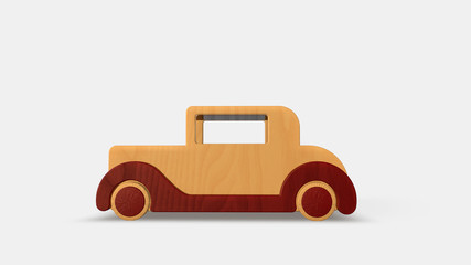 Red and wood old toy car isolated on white background. Side view. 3D render.