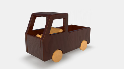 Wood toy truck isolated on white background. Isometric view. 3D render. 