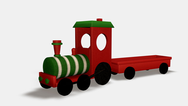 Wood toy train isolated on white background. Isometric view. 3D render. 