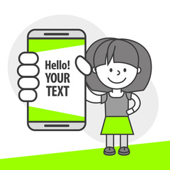 Simple flat stylistics adaptation to corporate style. Icon message girl woman shows mobile phone message positive