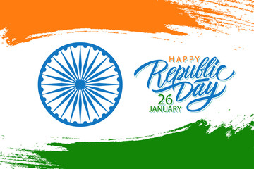 India Happy Republic Day celebrate banner with hand lettering holiday greetings and brush stroke in colors of the Indian national flag. Vector Illustration.