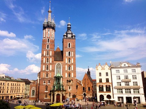 Kosciol Mariacki (The St Mary church) at the main square in Krakow, Cracow, Poland