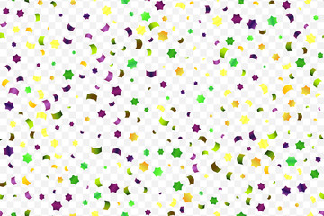 Mardi Gras bright colorful falling confetti isolated on transparent background. Carnaval, festival vector card with green, yellow, purple elements.