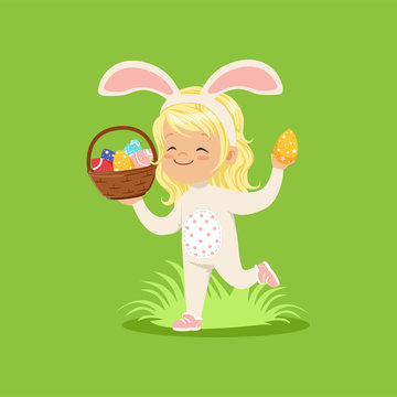 Beautiful little girl with bunny ears and rabbit costume running with basket full of painted eggs, kid having fun on Easter egg hunt vector Illustration
