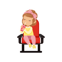 Sweet little girl in 3d glasses sitting on a red chair, drinking soda and watching 3D movie in the cinema vector Illustration