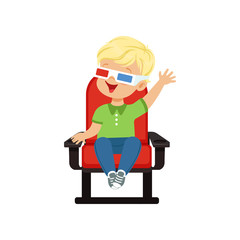 Happy little boy in 3d glasses sitting on red chair and watching 3D movie in the cinema vector Illustration