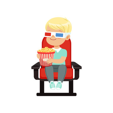Cute blonde little boy in 3d glasses sitting on a red chair and watching 3D movie in the cinema vector Illustration