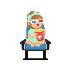 Obraz na płótnie Canvas Lovely little girl in 3d glasses sitting on a blue chair, eating popcorn and watching 3D movie in the cinema vector Illustration