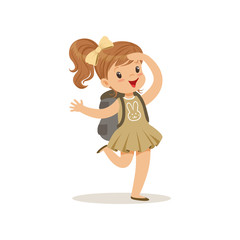 Beautiful happy little girl in scout costume with backpack, outdoor camp activity vector Illustration
