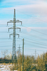 Power line in a wooded area. Forest landscape