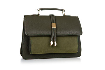 Women's fashion accessories. Green woman handbag on white background.