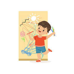 Cute little bully boy drawing on the wall, hoodlum cheerful little kid, bad child behavior vector Illustration
