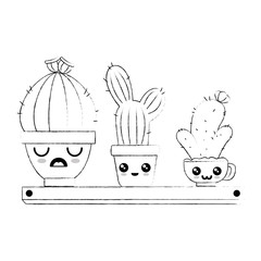 pots with desert plants in shelf kawaii character