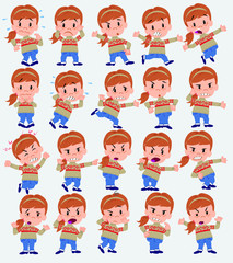 Cartoon character girl with sweater. Set with different postures, attitudes and poses, always in negative attitude, doing different activities in vector vector illustrations.