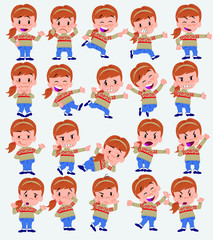 Cartoon character white girl with sweater. Set with different postures, attitudes and poses, doing different activities in isolated vector illustrations.