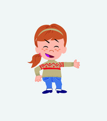 White girl with sweater showing something in an optimistic and positive attitude.