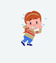 White girl with sweater very alarmed takes the hands to the head.