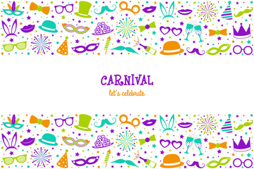 Carnival - let's celebrate. Banner with funny icons. Vector. 