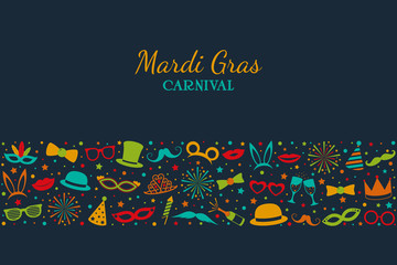 Mardi Gras- card in retro style with icons. Vector.