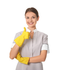 Beautiful chambermaid on white background