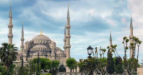 Blue mosque six minarets and eight secondary domes, Istanbul, Sultanahmet summer park. The biggest...
