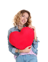 Attractive young woman with red heart on white background